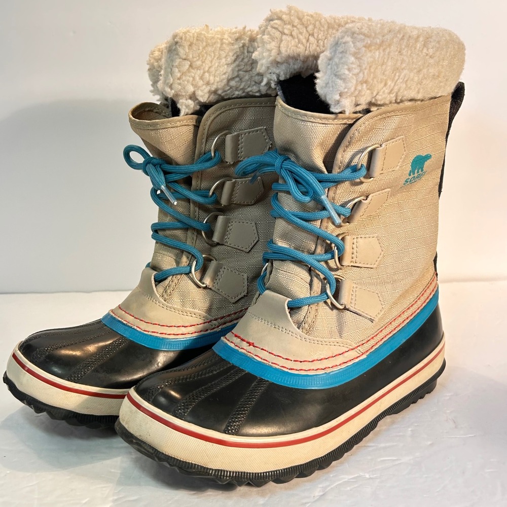 Sorel Winter Carnival Waterproof Snow Boots NL1495-216 Beige Blue Women Size 6
